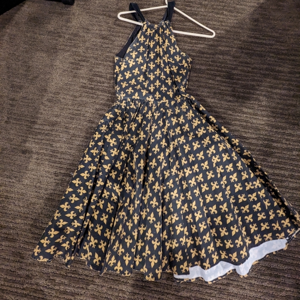 Pinup Couture brown and gold fleur de lis Harlequin dress.